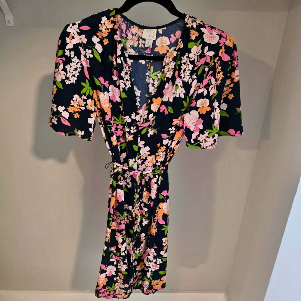 A New Day Womens Navy Blue Floral V-Neck Short Flutter Sleeve Tie-Waist Dress Si